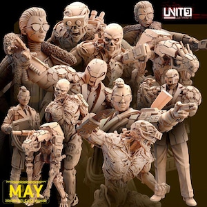 Könnte beinhalten: Eine Sammlung unbemalter beigefarbener Resin-Miniaturfiguren mit verschiedenen Sci-Fi-Charakteren, darunter Cyborgs, skelettartige Roboterwesen und Figuren in Anzügen mit taktischer Ausrüstung. Das Bild enthält den Text UNIT9 und MAY RELEASE.