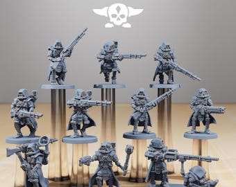 May include: A collection of gray miniature figurines of futuristic soldiers, each with unique armor and weaponry. The figures are displayed on clear cylindrical stands against a neutral background. The text "STATIONFORGE" and a skull logo are at the top.