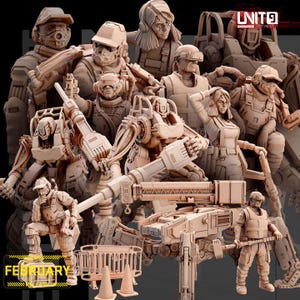 Peut inclure: Une collection de figurines miniatures en résine beige non peintes représentant des soldats futuristes, des robots mécaniques et des équipements tactiques. L'ensemble comprend des personnages en tenue de combat, des marcheurs mécaniques et des cônes.