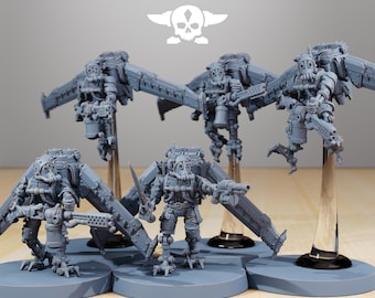 May include: Several gray miniature figures with mechanical wings and weaponry are displayed. The figures are on circular bases, and the text "STATIONFORGE" and a skull logo are visible in the background. The figures appear to be part of a tabletop game.