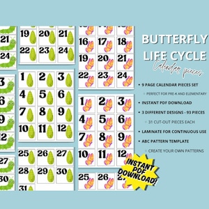 May include: A set of nine calendar pieces featuring colorful illustrations of caterpillars and butterflies, with numbers from 1 to 31. The text reads "Butterfly Life Cycle Calendar Pieces".
