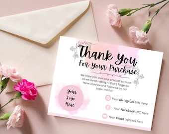 Tarjetas de agradecimiento digitales para pequeñas empresas - Plantilla imprimible de agradecimiento al cliente con diseño floral y formato horizontal personalizado para imprimir en Canva