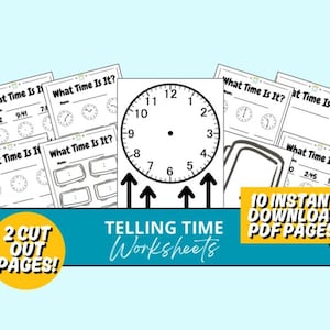May include: A printable worksheet set for teaching kids how to tell time. The set includes 10 pages with clock faces and the text "What Time Is It?" The worksheets are designed to be cut out and used for educational purposes.