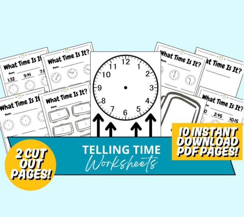 Teachers time telling worksheet bundle – 10 printable black and white pages to teach students how to tell time. Includes analog clock activities, hour and minute practice, fun time telling exercises, and various worksheet designs. Perfect for elementary teachers, homeschool parents, first grade, second grade, special education, math centers, morning work, time units, digital download, and classroom resources