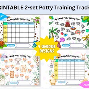 May include: Four printable potty training charts for toddlers. Two charts feature a weekly grid with a dinosaur, bunny, and duck theme. The other two charts feature a two-week grid with a dinosaur, animal, and heart theme.