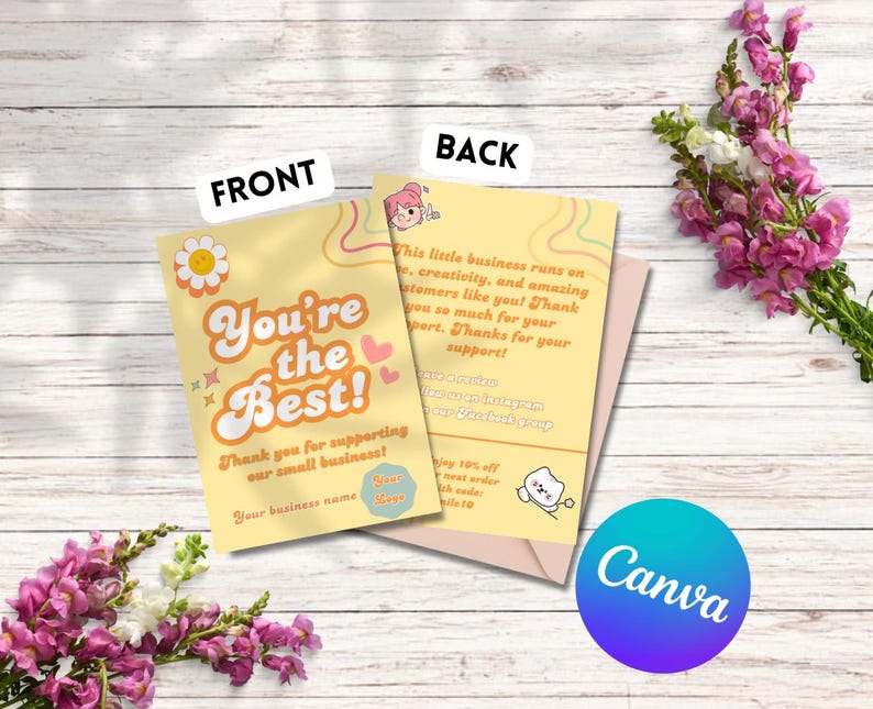 Puede incluir: Una tarjeta de agradecimiento amarilla y rosa con el texto "You're the Best!" y "Thank you for supporting our small business!"  La parte posterior de la tarjeta tiene un dise&ntilde;o rosa y amarillo con el texto "This little business runs on creativity, and amazing customers like you! Thank you so much for your support. Thanks for your support!"