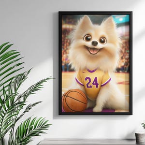 Basketball Team inspired Personalised / Custom Cartoon Dog Portrait Wall Art for Pet Lovers. Digital Download of your dog in a team jersey.