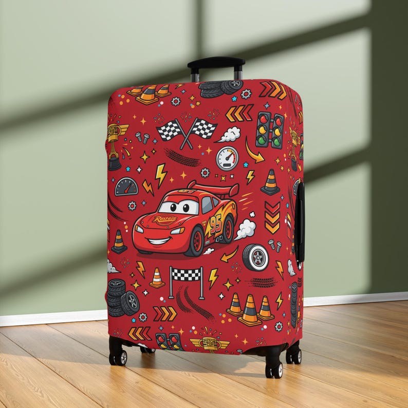 Funda para equipaje de Rayo McQueen de Disney Cars, protector de maleta para cruceros Disney, funda para equipaje con diseño de coche de carreras de la Ruta 66, regalo de viaje para parques temáticos imagen 5