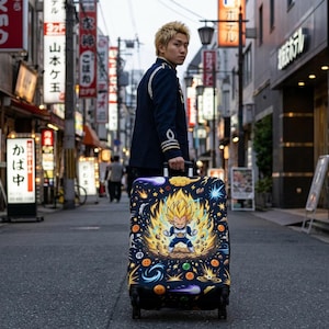 May include: A rolling suitcase with a vibrant graphic of a character surrounded by energy bursts and planets. The suitcase is black with a telescoping handle and wheels. The person is walking down a street.