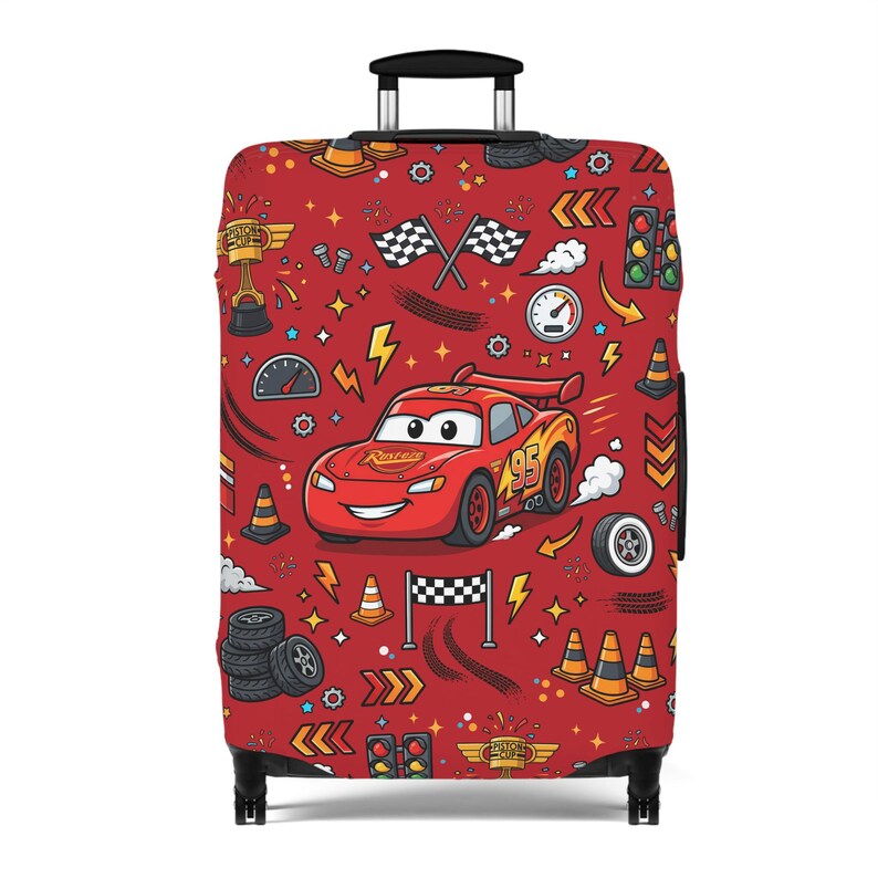 Funda para equipaje de Rayo McQueen de Disney Cars, protector de maleta para cruceros Disney, funda para equipaje con diseño de coche de carreras de la Ruta 66, regalo de viaje para parques temáticos imagen 2