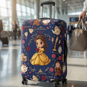 May include: A navy blue rolling suitcase featuring a repeating pattern of a cartoon character in a yellow dress holding a red rose, surrounded by illustrations of a teapot, a candelabra, a clock, books, and red roses with a retractable handle.