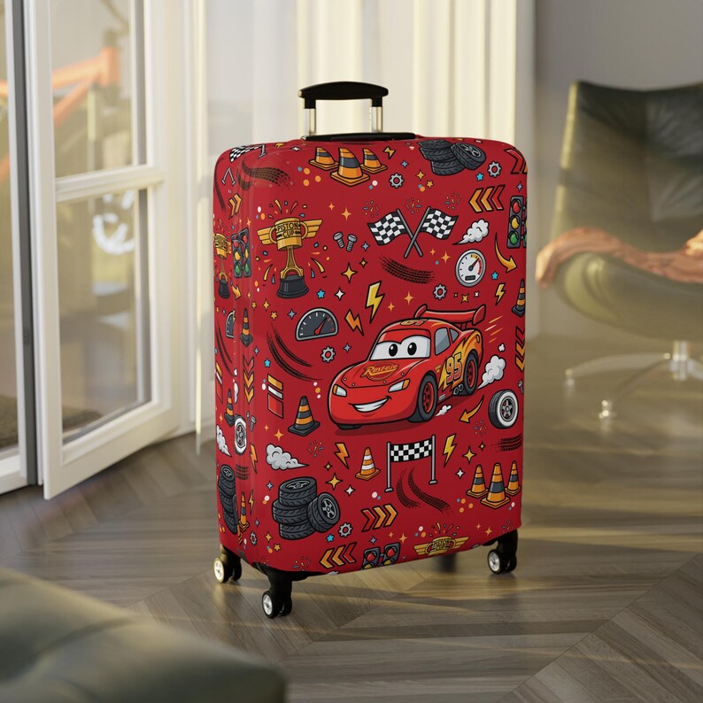 Funda para equipaje de Rayo McQueen de Disney Cars, protector de maleta para cruceros Disney, funda para equipaje con diseño de coche de carreras de la Ruta 66, regalo de viaje para parques temáticos imagen 6