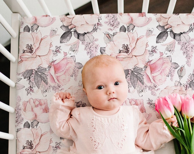 Snowy Rose Floral Crib Sheet Baby Girl Fitted Sheet White Etsy