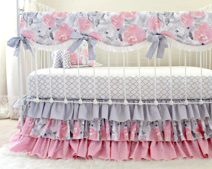 Pink Gray Crib Bedding Watercolor Floral Baby Bedding Baby Etsy