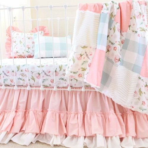 Simply Shabby Chic crib BedSkirt baby NURSERY Rose Cottage Blue Pink Dust ruffle 