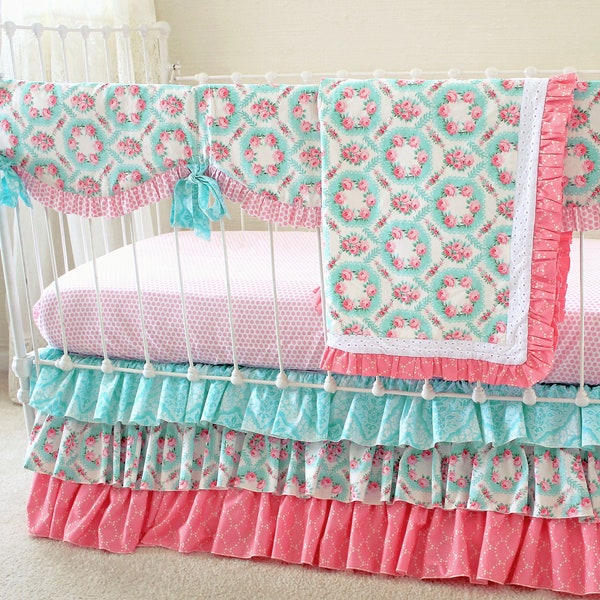 Sale 4 PC Girls Floral Crib Set, Pink and Aqua Vintage Crib Bedding, Ruffle Crib Skirt ,Shabby Chic Baby Bedding, Vintage Baby Girl Nursery
