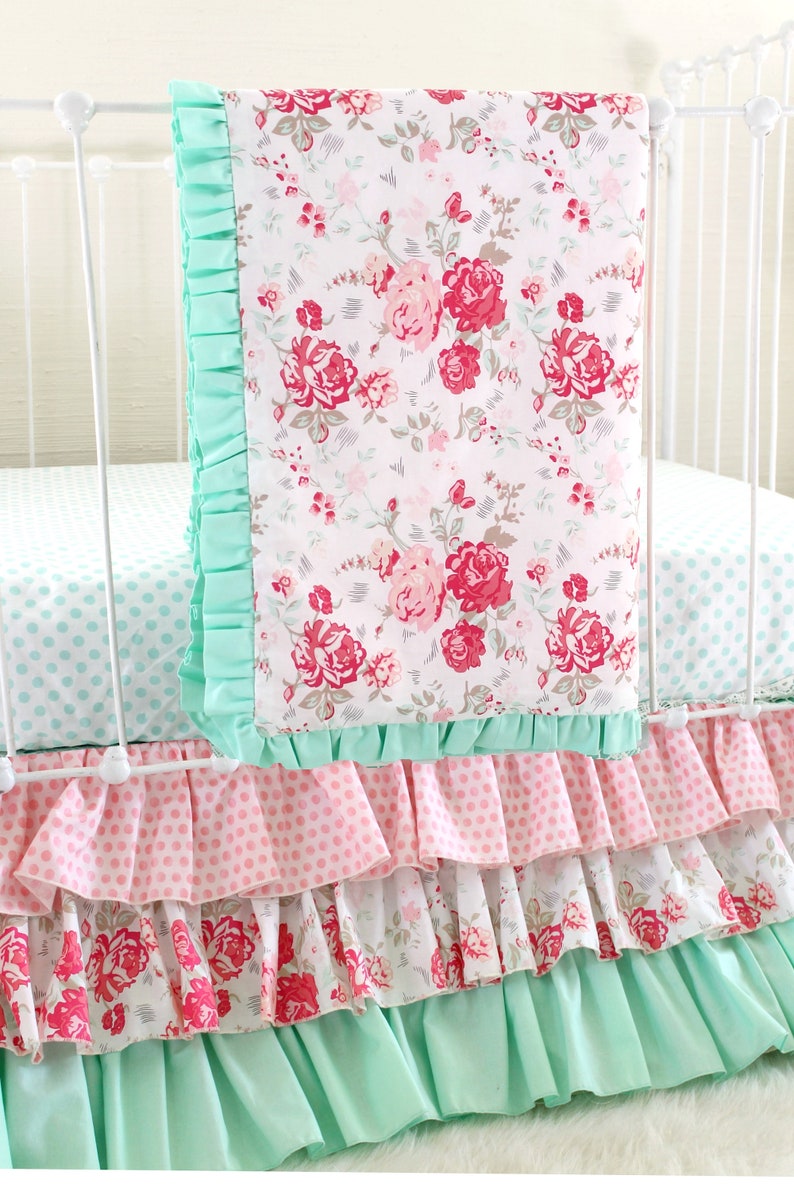 Girls Ruffle Crib Bedding Mint and Pink Vintage Roses ...