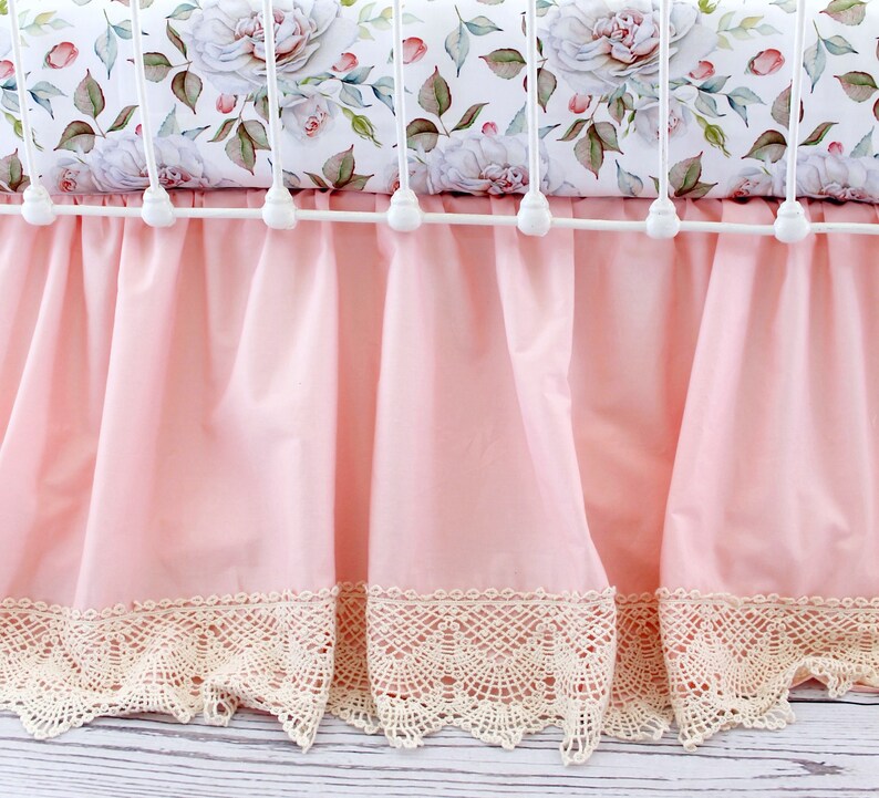 Blush Pink Crib Skirt With Lace Boho Baby Bedding - Blush Pink Baby Bedding Blush Pink Crib Skirt With Lace Boho Baby Bedding - Blush Pink Baby Bedding
