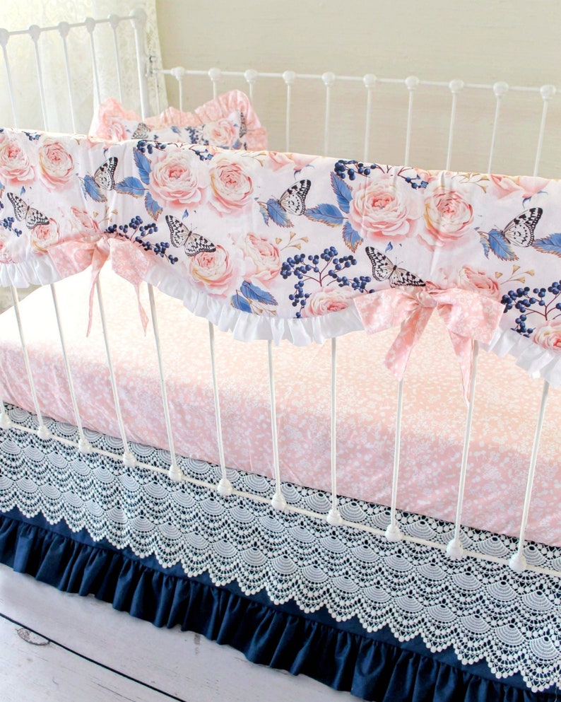 Pink and Navy Baby Girl Crib Bedding Blush Peonies Botanical Etsy