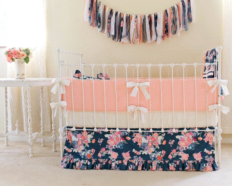Navy Floral Crib Bedding Baby Girl Bedding Coral and Navy Etsy
