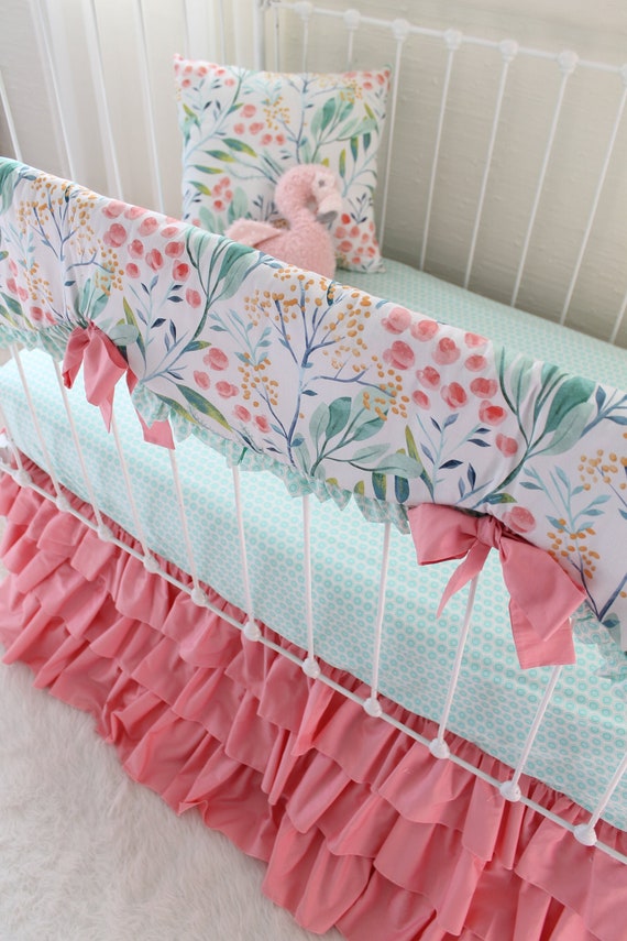 Tropical Leaf Print Floral Crib Bedding Set Mint And Coral Etsy