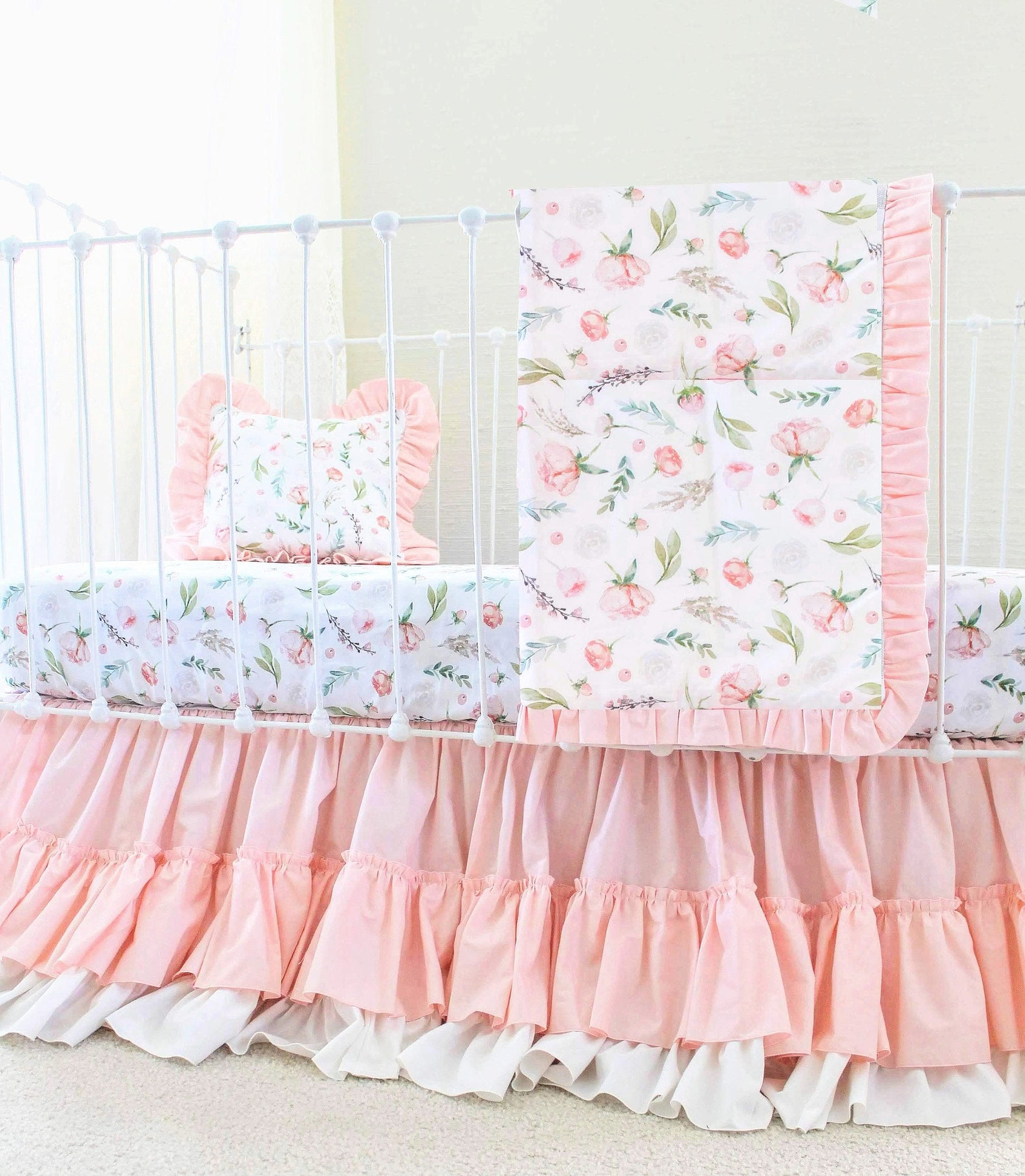 Blush Pink Floral Crib Sheet Girls Baby Bedding Fitted Sheet Etsy