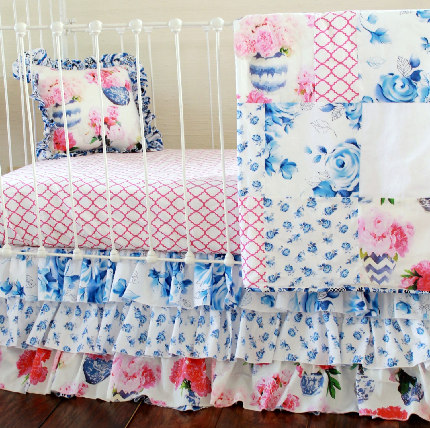 Porcelain Blue Ivory White and Petal Pink Floral Crib