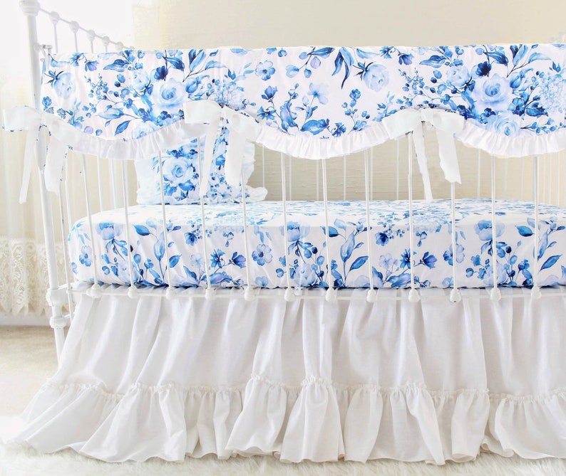White Crib Bedding Blue and White Roses Nursery Bedding and Decor Indigo Blue Roses Baby Bedding Set