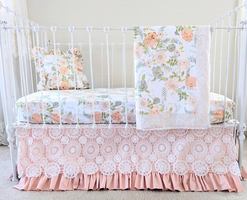 Peach Floral Crib Set Baby Girl Crib Bedding Garland Etsy