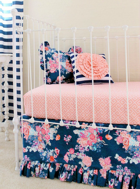 Navy Floral Crib Bedding Baby Girl Bedding Coral and Navy ...