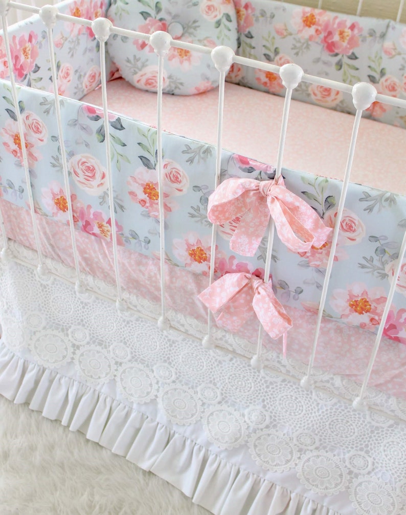 Girls Crib Bedding Bumper Set in Dusty Blue and Pink Etsy