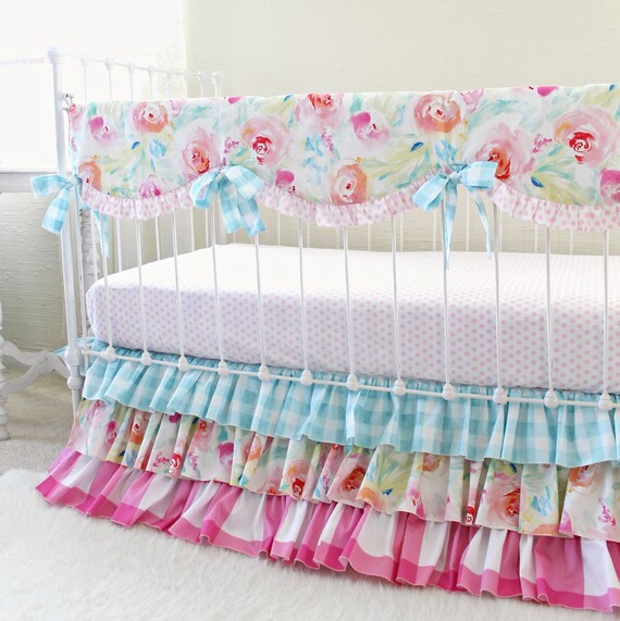 Girls Fl Crib Bedding Set Aqua And Pink Baby Girl Buffalo Check Skirt