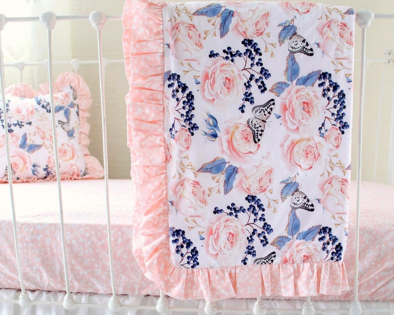 Blush Peonies Baby Blanket Girl Pink and Navy Crib Bedding Etsy
