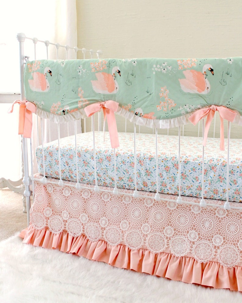 Peach Nursery Baby Crib Set Girls Bedding Swan Print Girl Bumperless Rail Cover