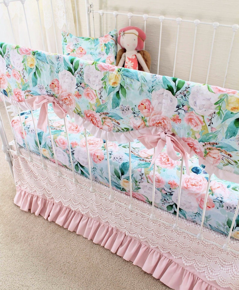 Floral Crib Rail Cover Girls Crib Bedding Set Mist Bouquet Etsy