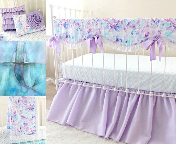 Baby Girl Crib Bedding Set In Lilac Purple Aqua Watercolor - Ocean Dreams Baby Bedding Baby Girl Crib Bedding Set In Lilac Purple Aqua Watercolor - Ocean Dreams Baby Bedding