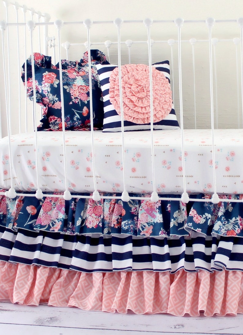 Coral and Navy Baby Girl Bedding Stripe and Floral Chic | Etsy