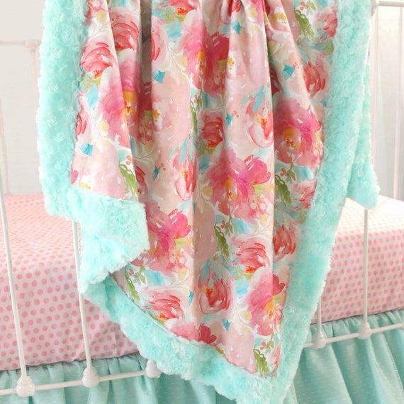 Pink and Aqua Pastels and Peonies Crib Blanket with New Minky Etsy