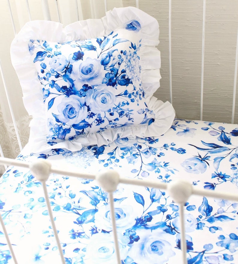 White Crib Bedding Blue and White Roses Nursery Bedding and Decor Indigo Blue Roses Baby Bedding Set