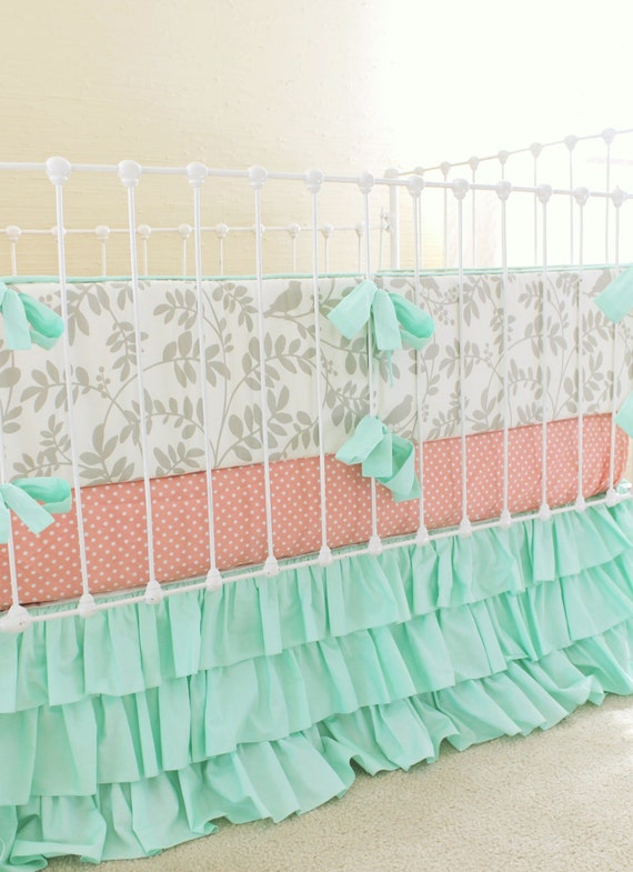 Mint And Gray Crib Bedding Baby Girl Nursery Peach Image 0