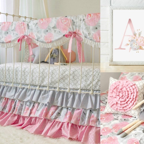 Pink and Gray Baby Girl Bedding Pink Floral Crib Bedding Etsy