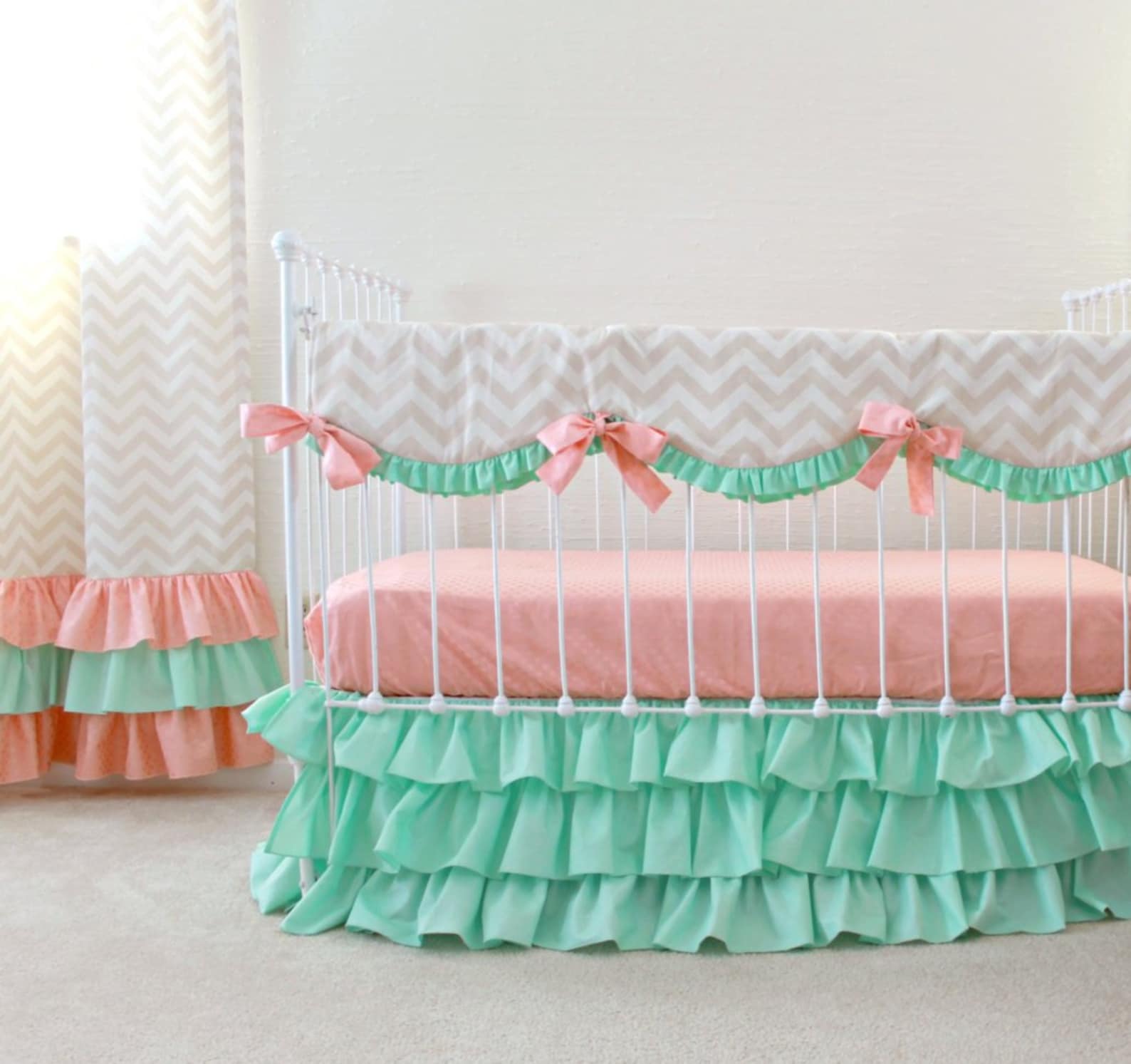 Mint Peach Taupe Baby Bedding Set Girl Crib Bedding Sale Etsy