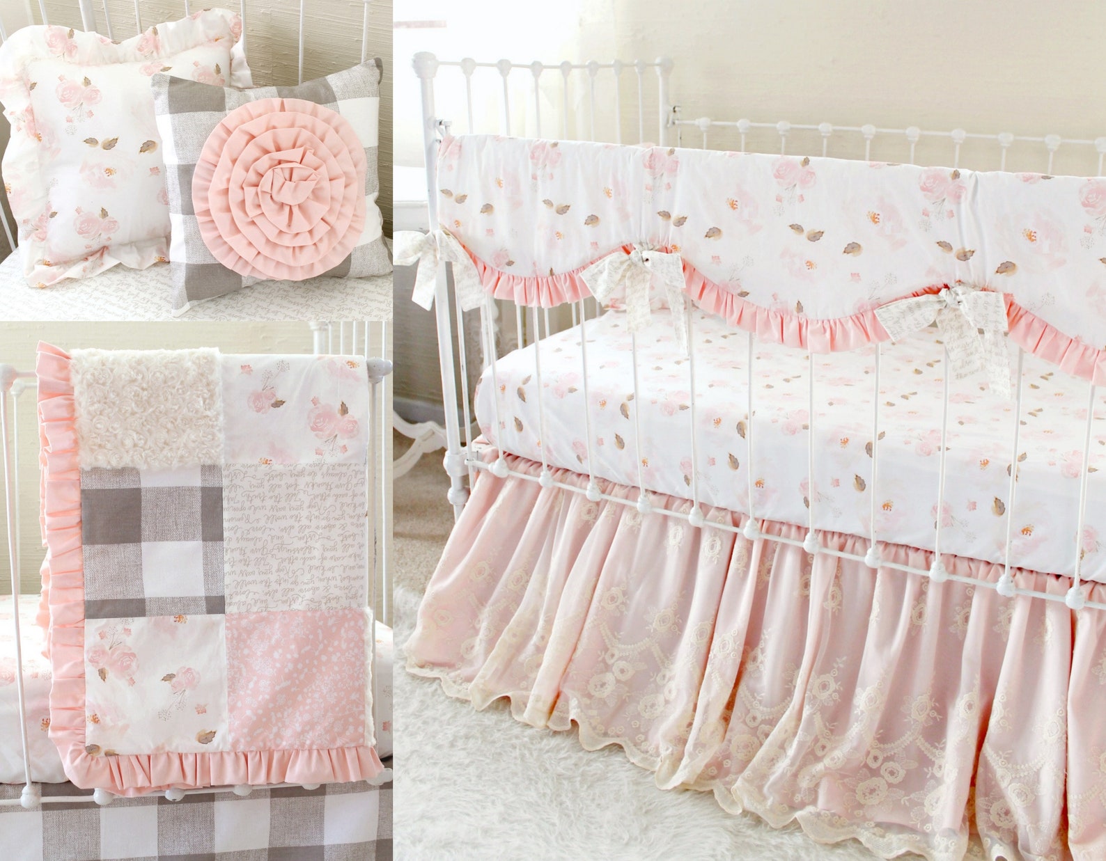Girl Crib Bedding Pink and Ivory Nursery Bedding Floral Baby Etsy