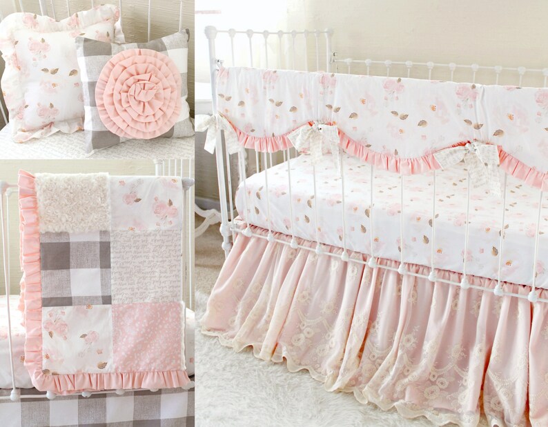 Girl Crib Bedding Pink and Ivory Nursery Bedding Floral Baby Etsy