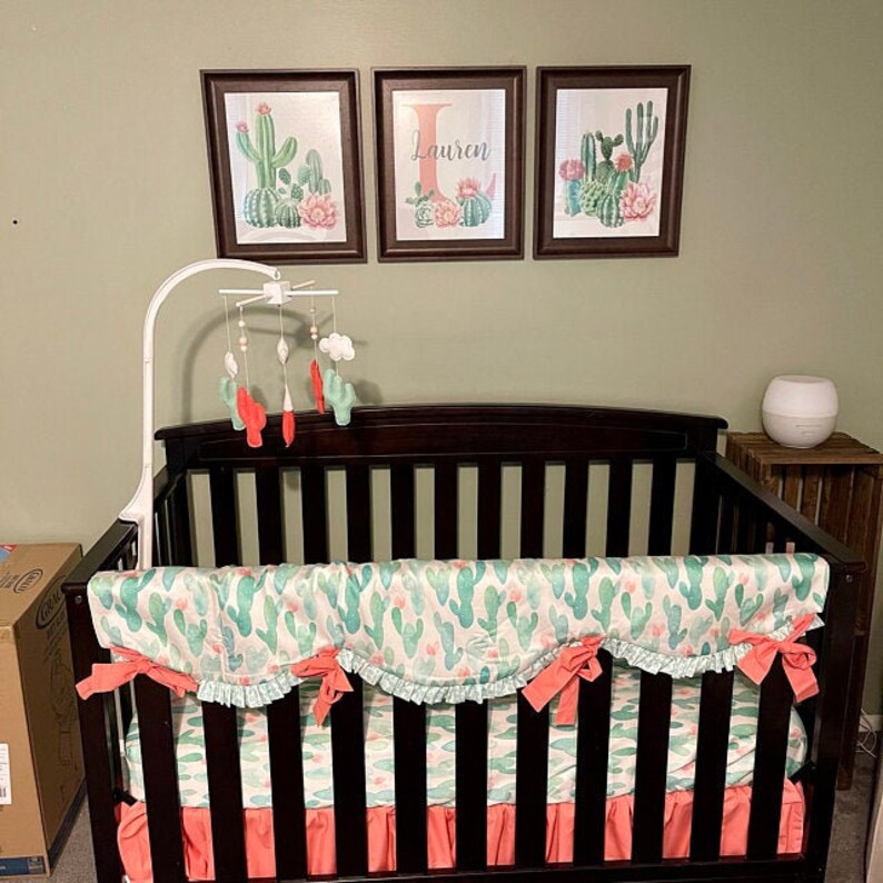 Cactus Crib Bedding Set Mint and Coral Baby Girl Nursery Etsy