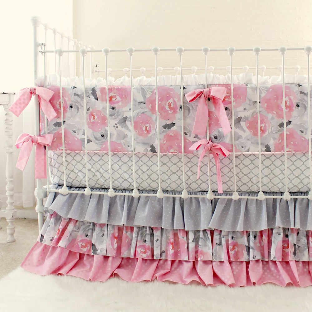 Pink and Gray Baby Girl Bedding Pink Floral Crib Bedding Etsy
