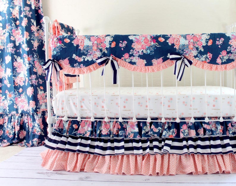 Navy Floral Crib Bedding Baby Girl Bedding Coral and Navy Etsy
