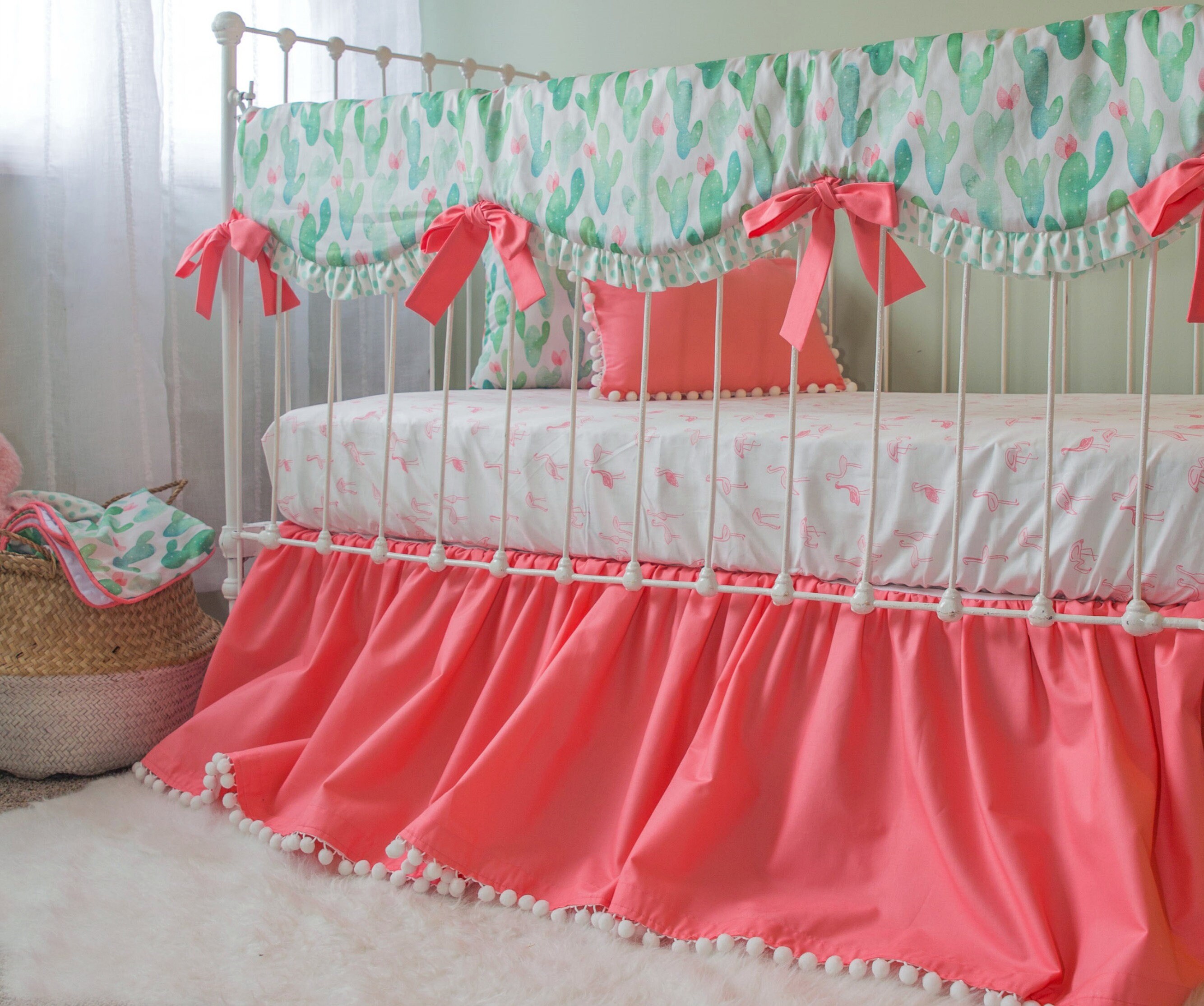 Cactus Crib Bedding Set Mint and Coral Baby Girl Nursery Etsy