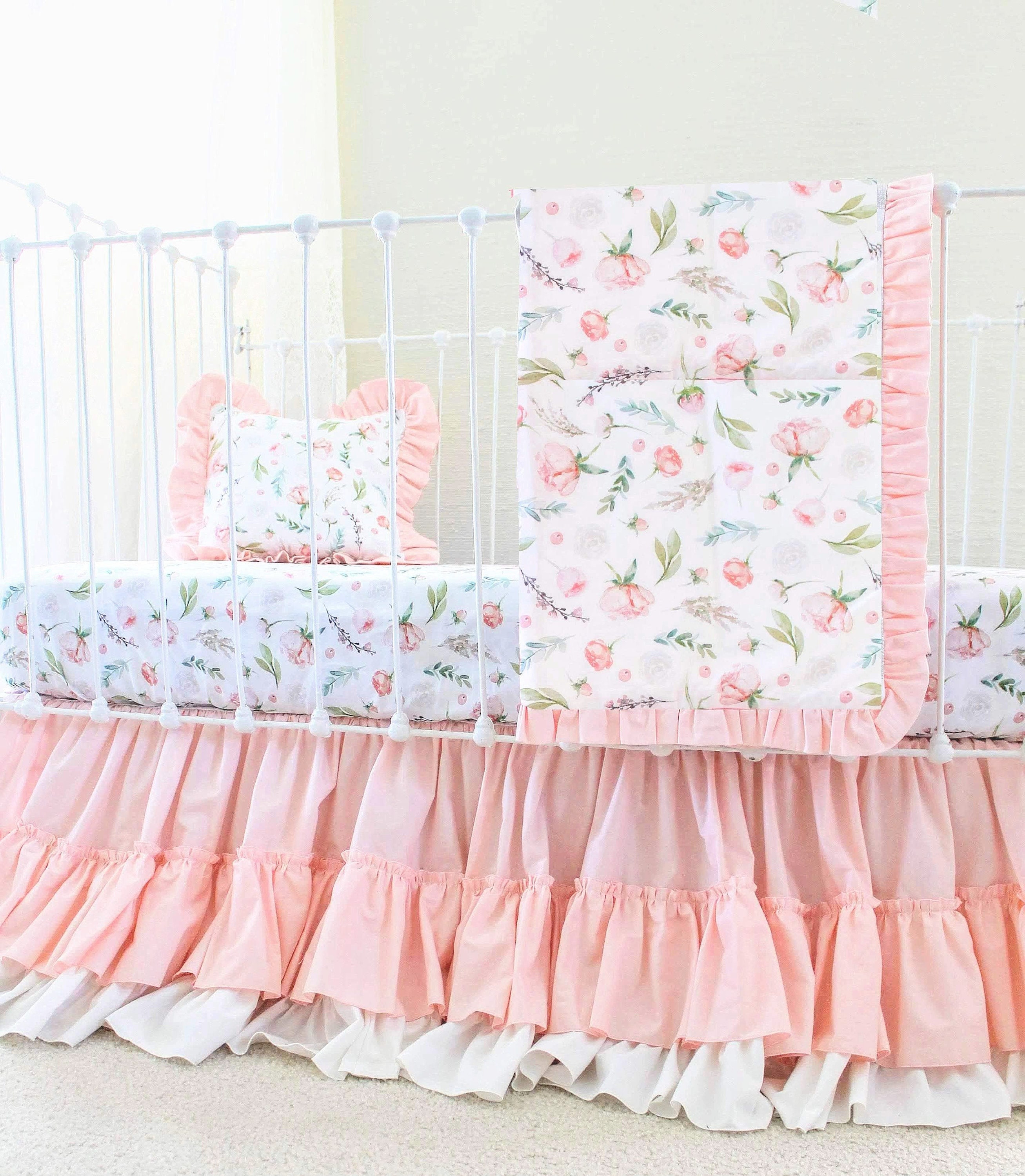 Girl Crib Rail Cover in Leafy Blooms White and Pink Crib Etsy