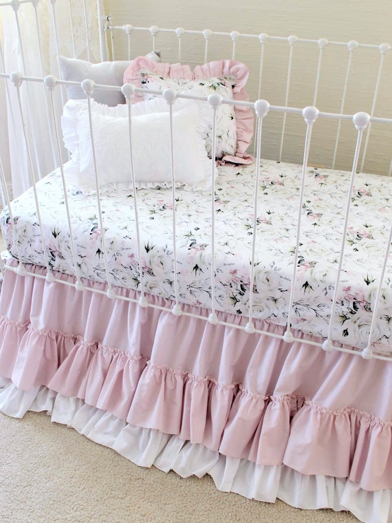 Girls Crib Bedding Set In Dusty Pink Farmhouse Baby Boutique Nursery